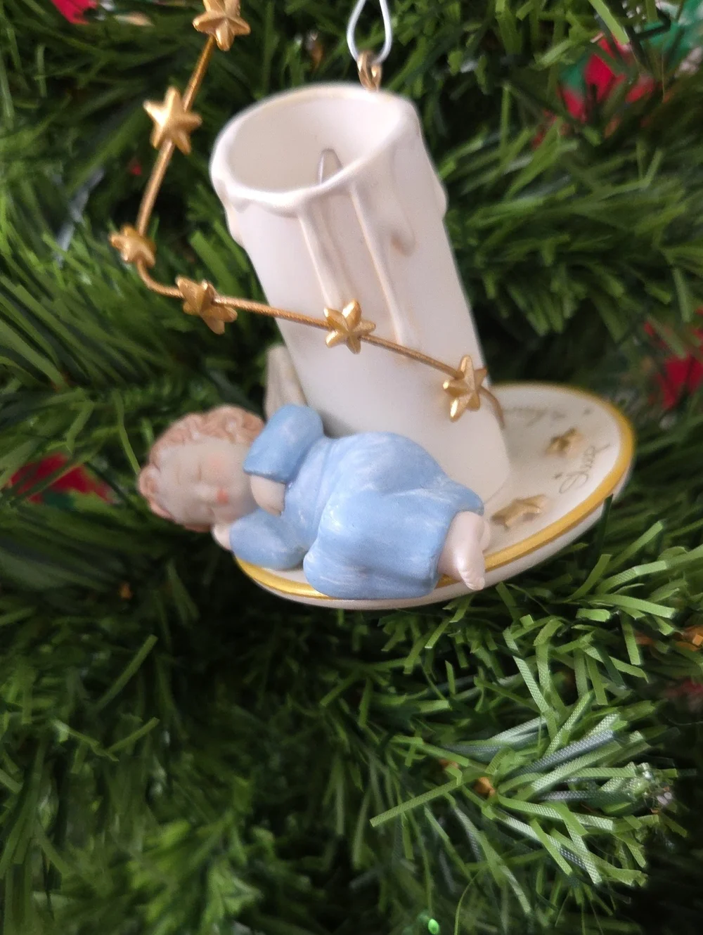 *2009* Hallmark CANDLE OF PEACE Sleeping Baby Ornament in Light Blue and Gold